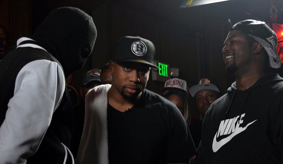 B Magic laughs as Daylyt gets masked up against Chilla Jones.